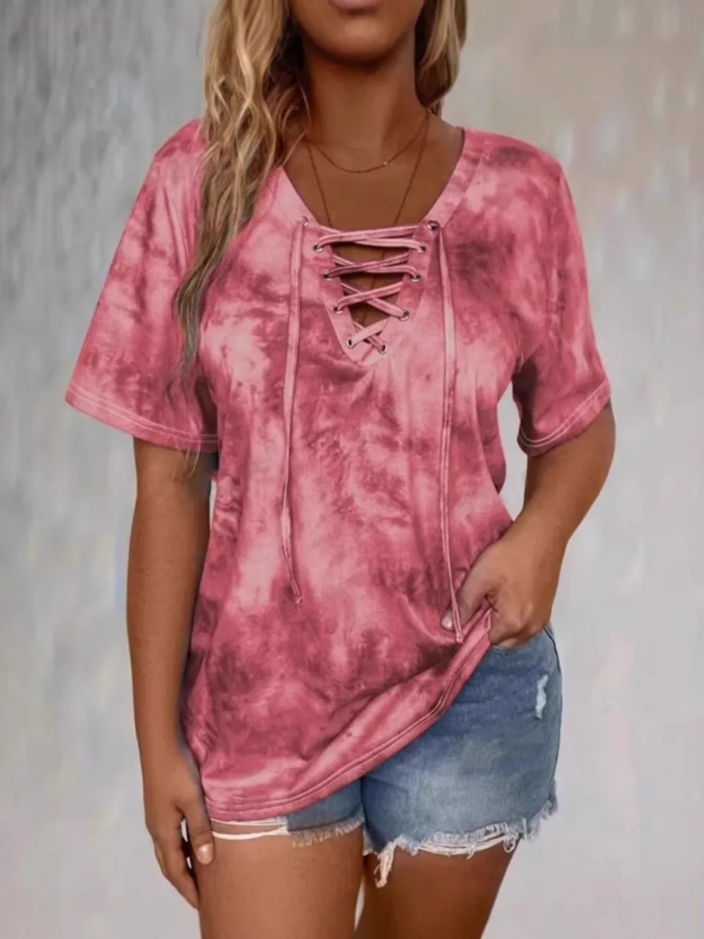 Tie Dye Lace-Up V-Neck Casual T-Shirt, image 5