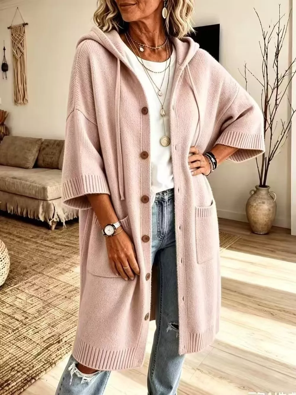 Hooded Button-Down Knit Cardigan with Pockets