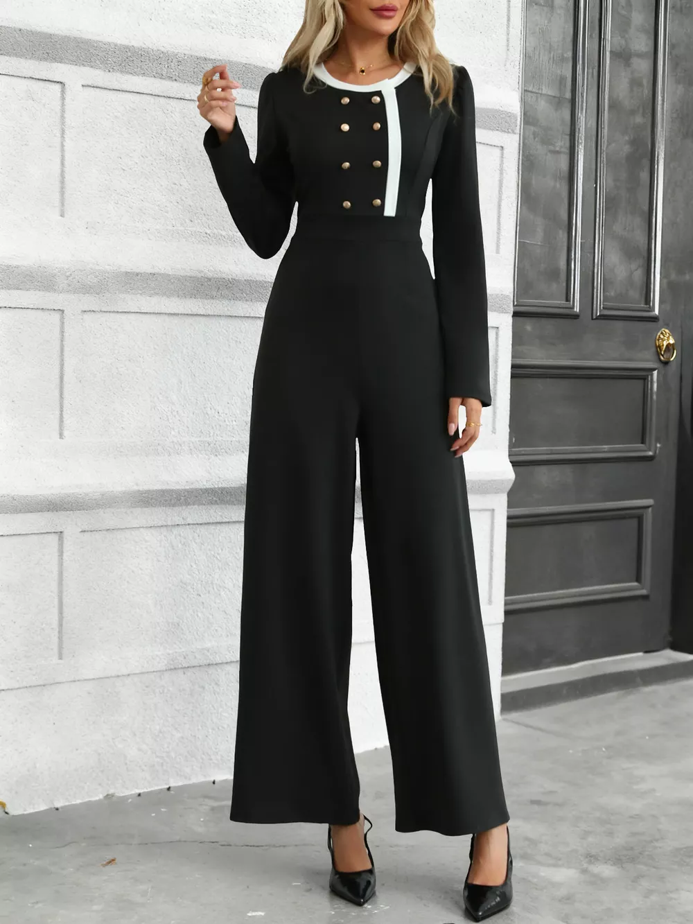 Button-Decor Long Sleeve Wide Leg Jumpsuit, image 6