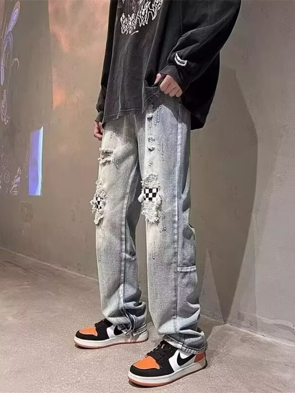 Men's Full Size Ripped Checkerboard Patchwork Jeans Plus Size, image 3