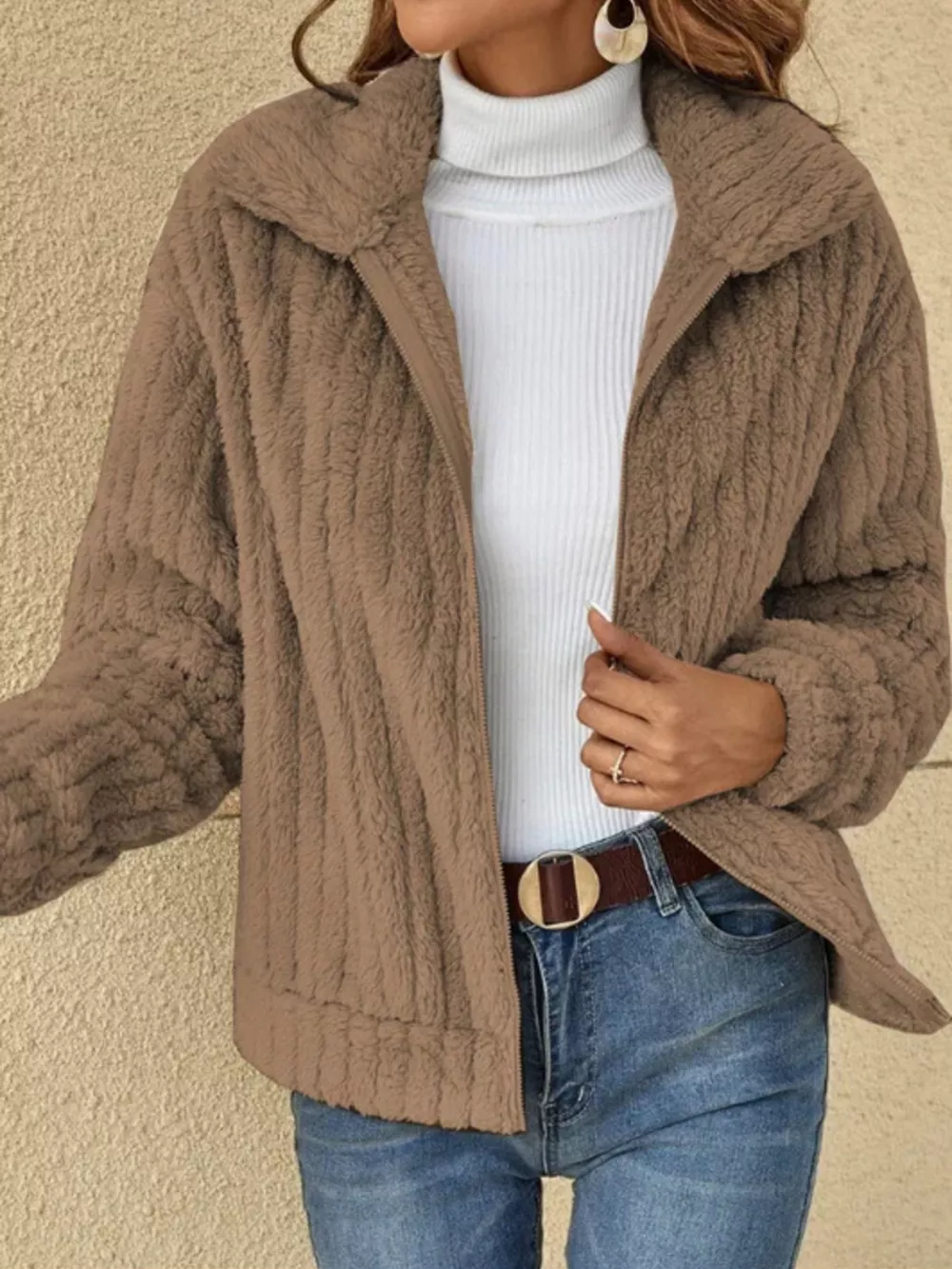 Full Size Zip-Up Long Sleeve Texture Jacket Plus Size, image 2