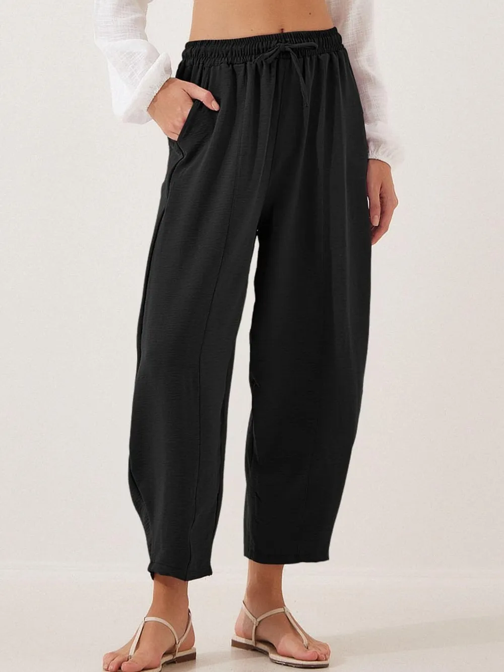 Full Size Drawstring Wide Leg Cropped Pants Plus Size, image 6