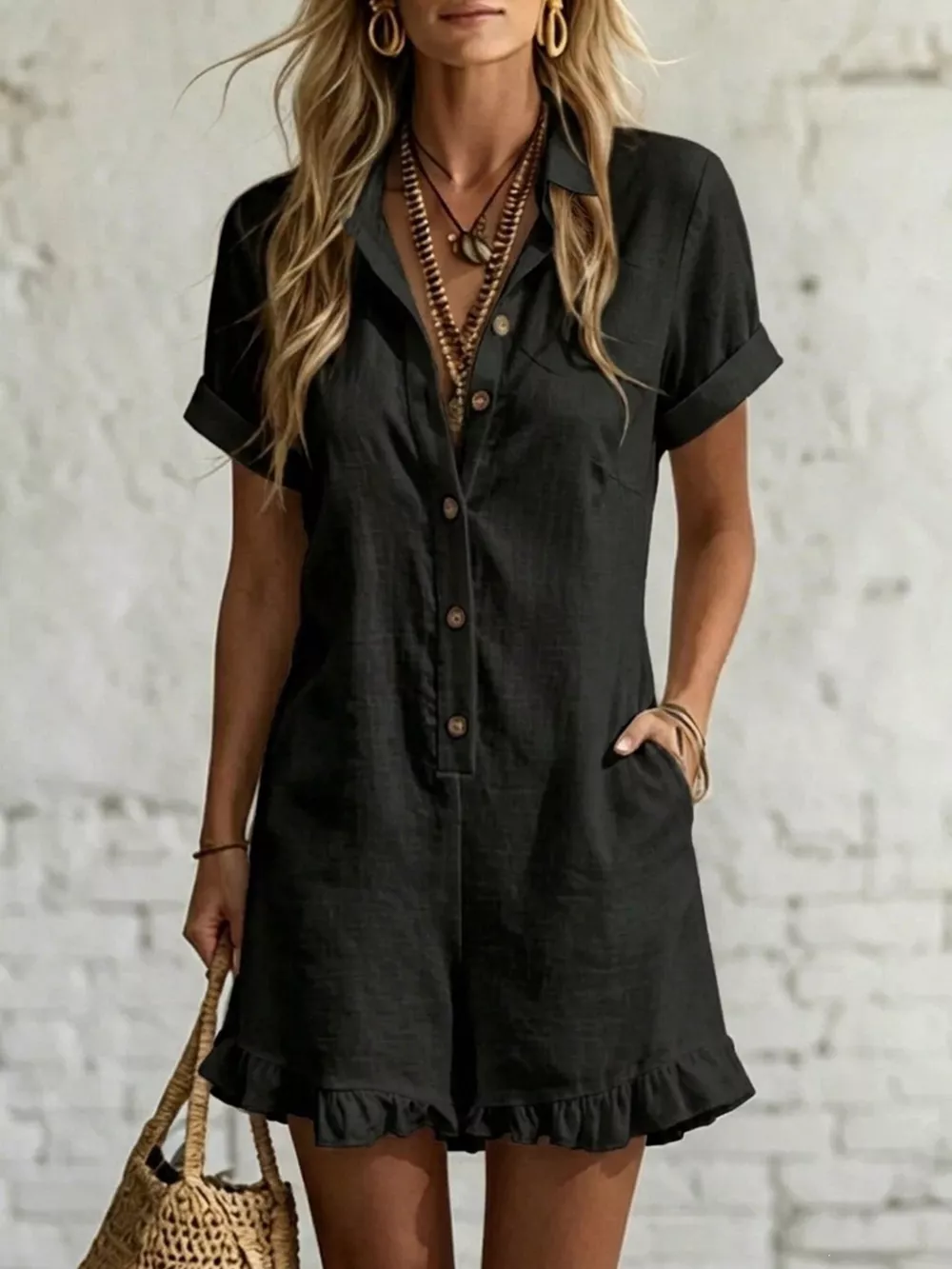 Full Size Button Front Ruffled Hem Romper Plus Size, image 3
