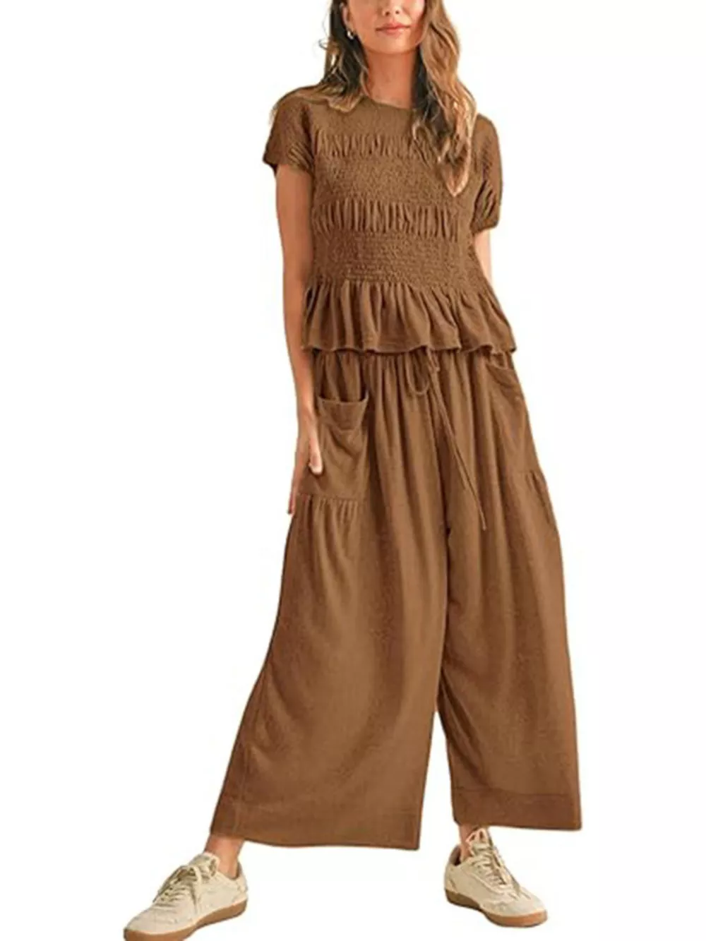 Smocked Peplum Top and Wide-Leg Pants Set, image 14