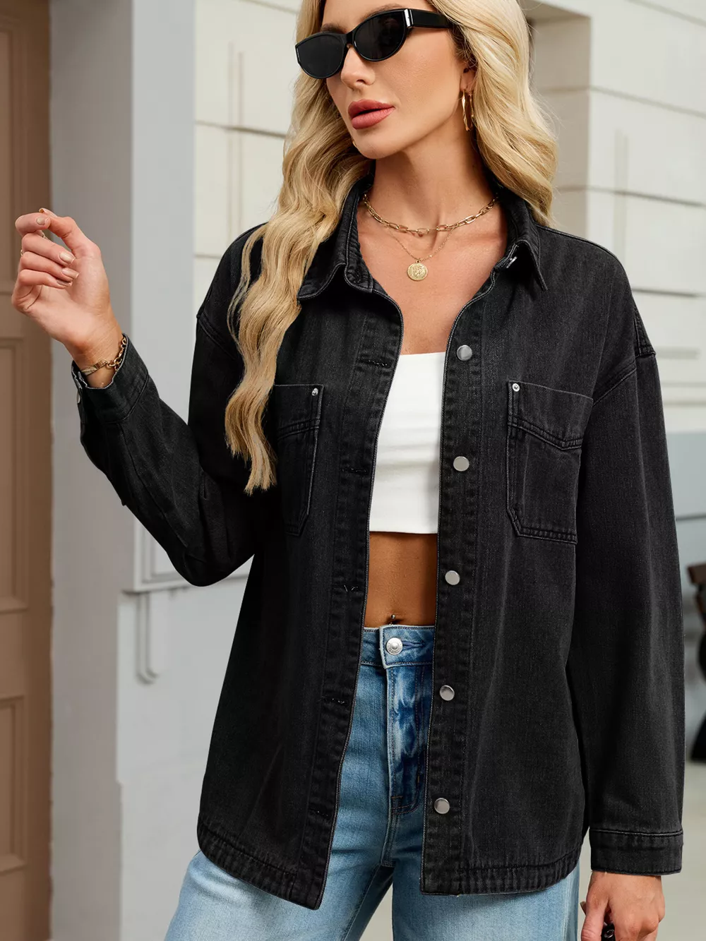 Button Up Dropped Shoulder Denim Jacket, image 2