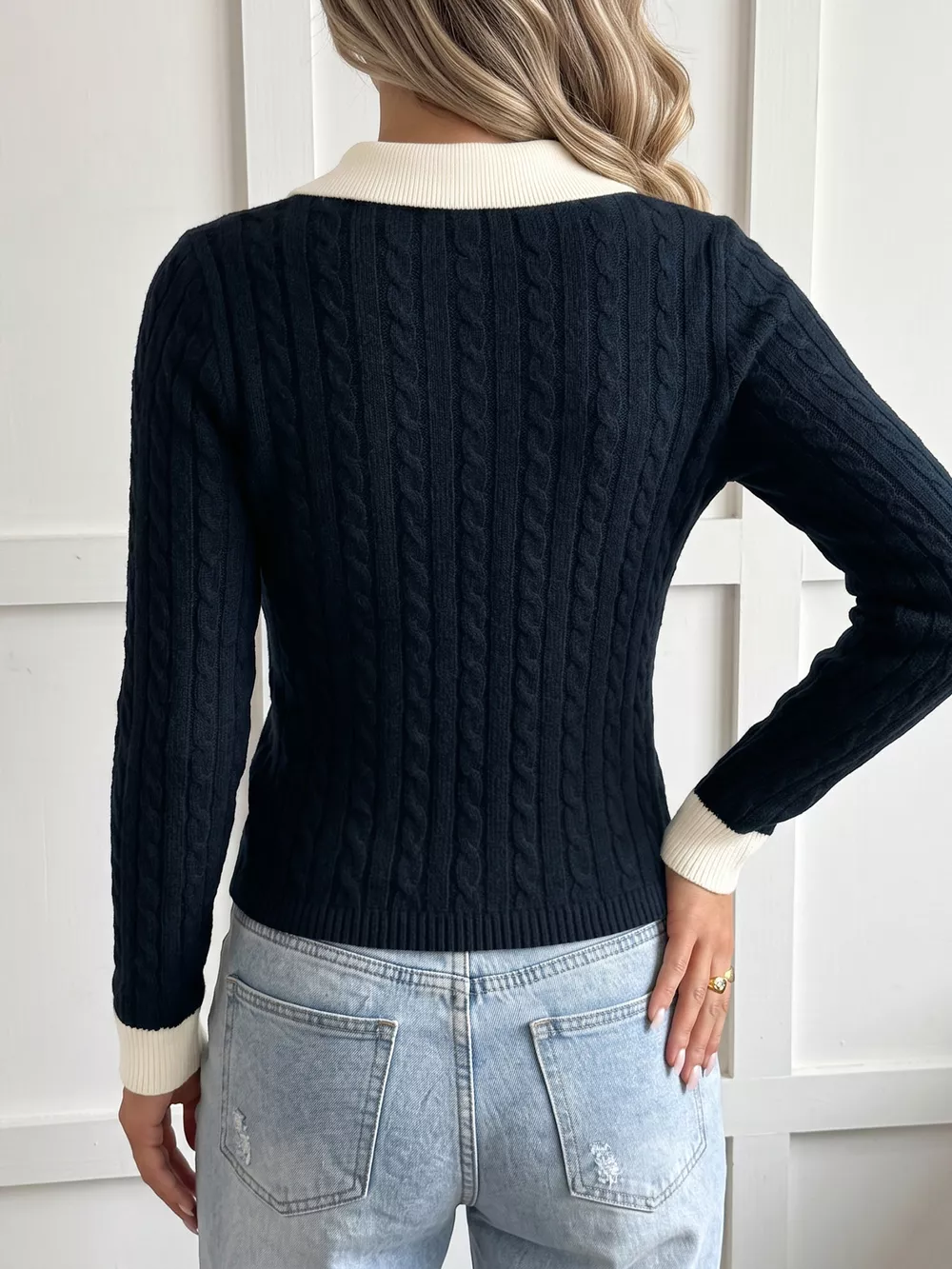 Cable Knit Contrast Collar Sweater, image 5