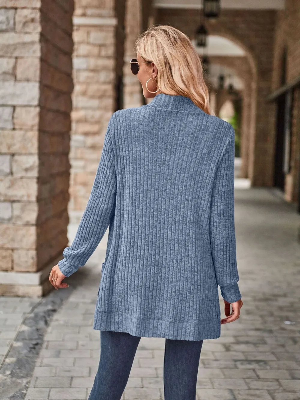 Ribbed Open Front Long Cardigan with Pockets, image 24