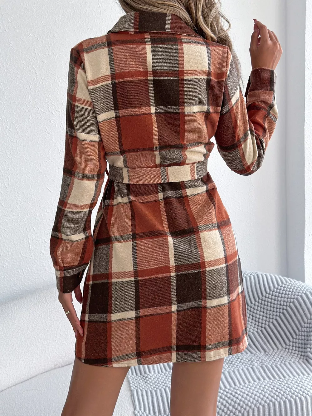 Plaid Button Front Tie Waist Shirt Dress, image 10