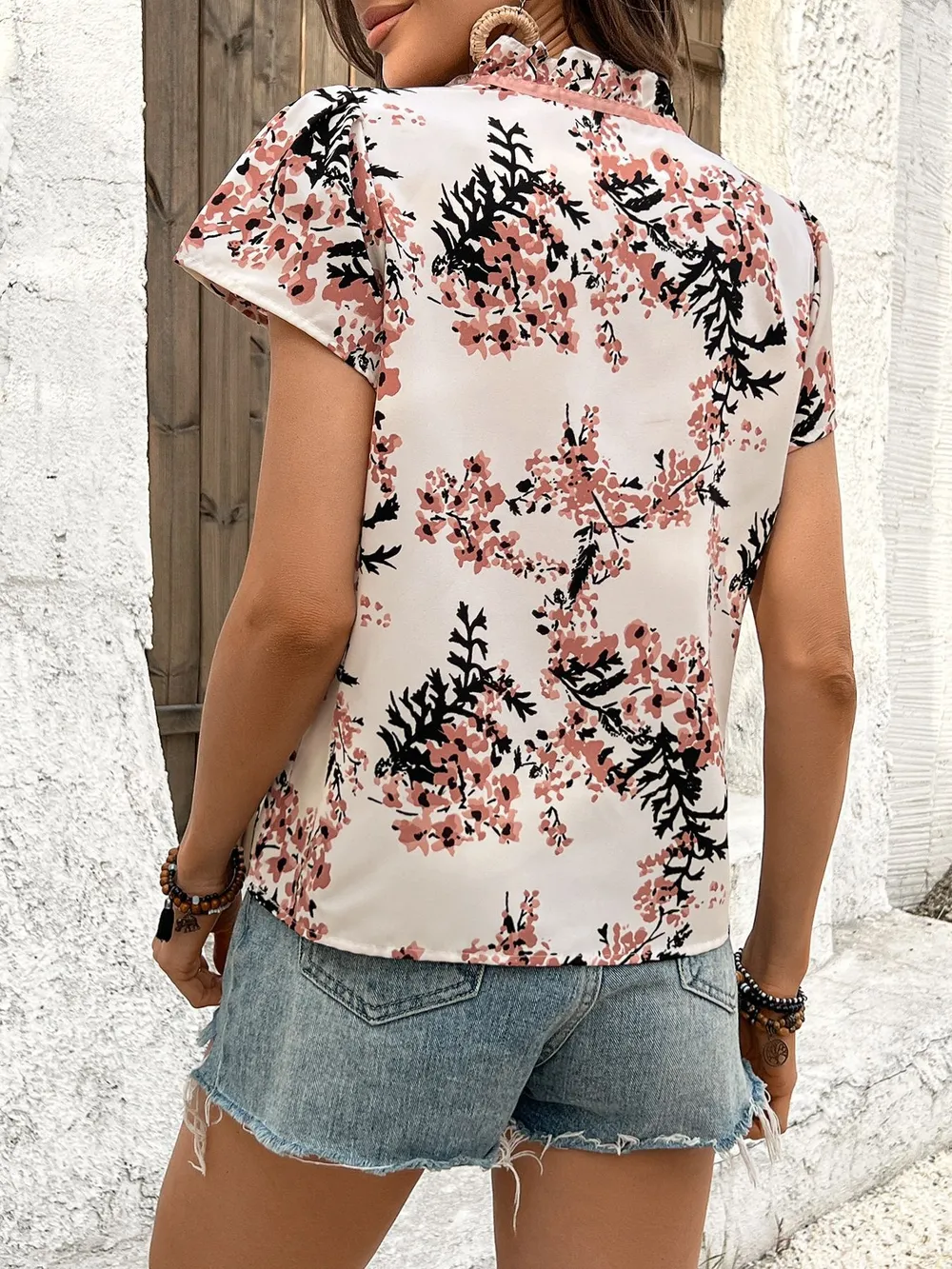 Floral Print Tie Neck Short Sleeve Blouse, image 6