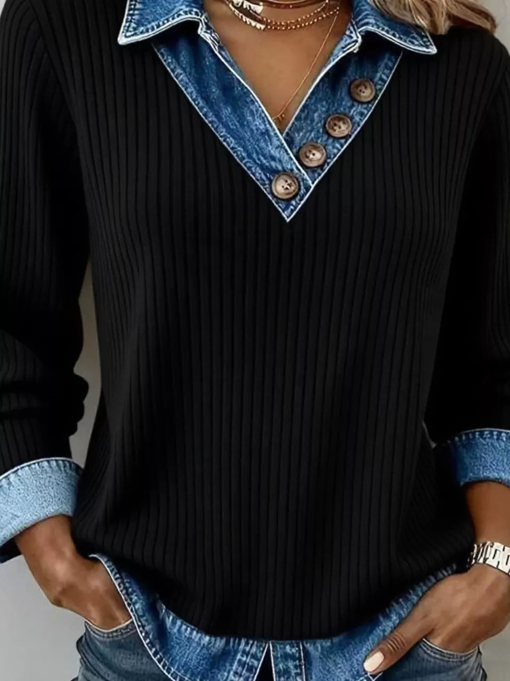Ribbed Knit Denim Trim T-Shirt, image 5