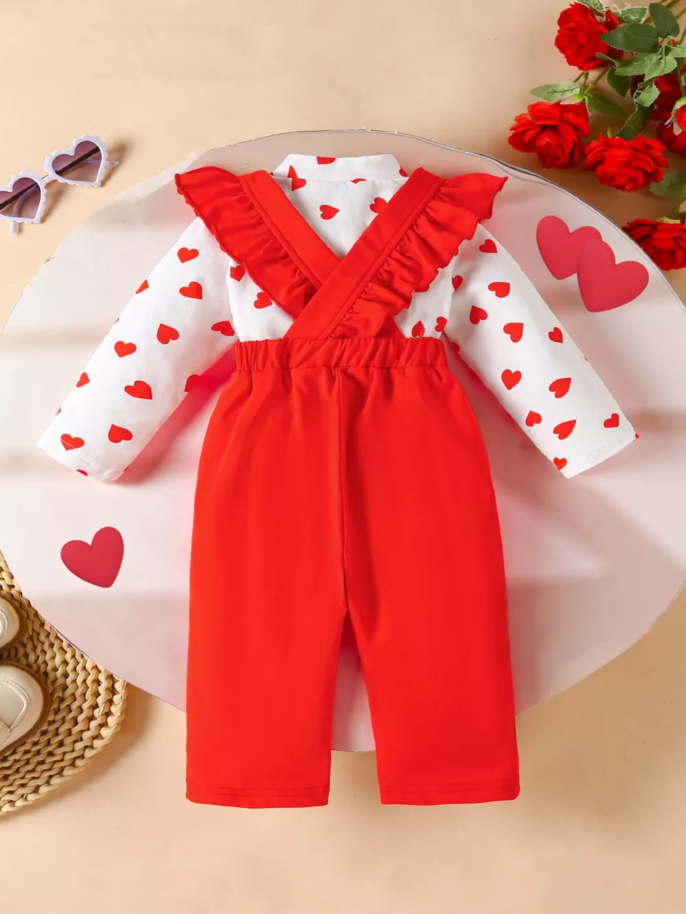 Children's Heart Print Top and Suspender Pants Set, image 2