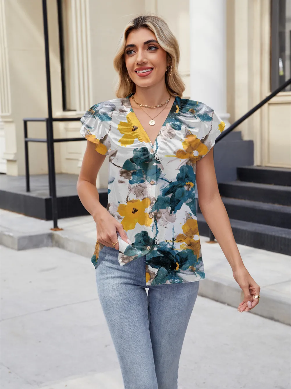 Floral Print V-Neck Cap Sleeve Casual Summer Blouse, image 19
