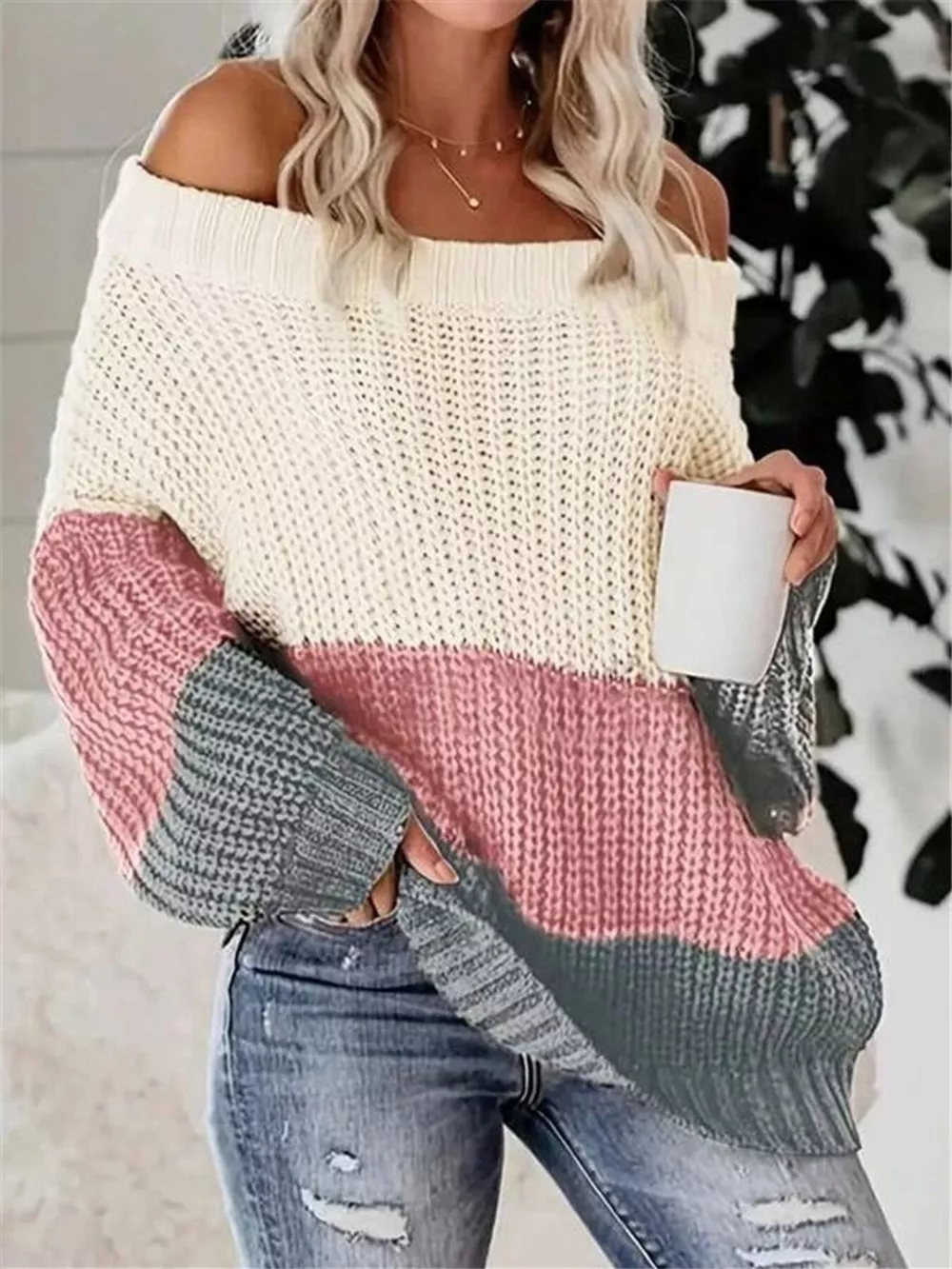 Off-Shoulder Color Block Sweater, image 4