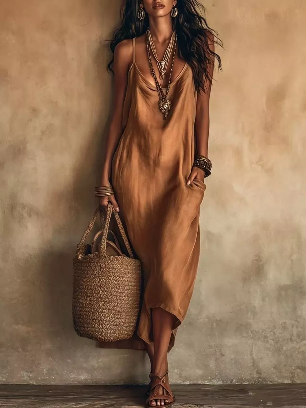 Full Size Spaghetti Strap Midi Dress with Pockets Plus Size