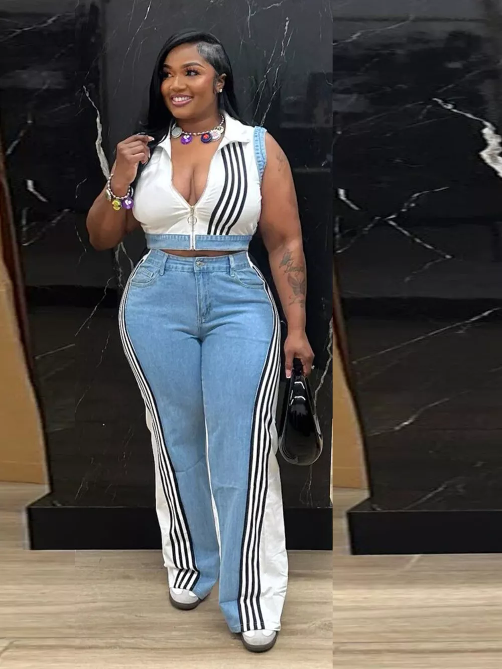 Zip Front Crop Top and Striped Pants Set