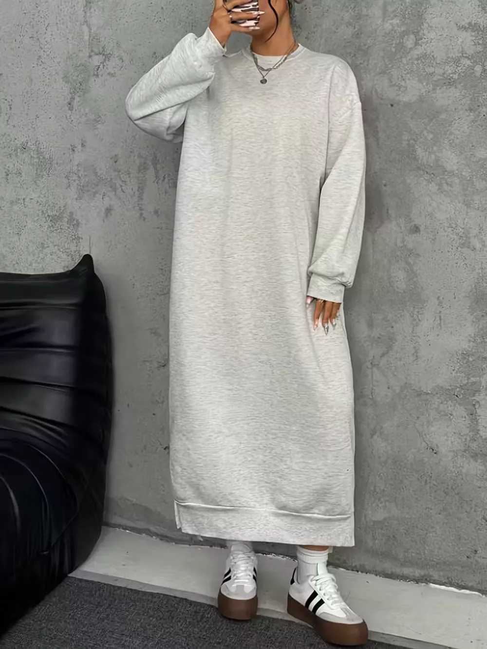 Plus Size Casual Slit Long Sleeve Sweatshirt Dress, image 3