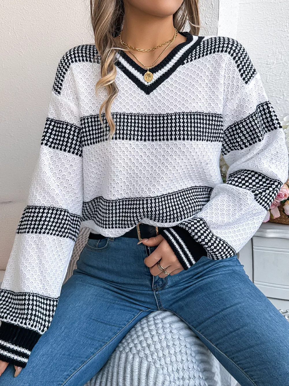 Contrast Striped V-Neck Sweater, image 2