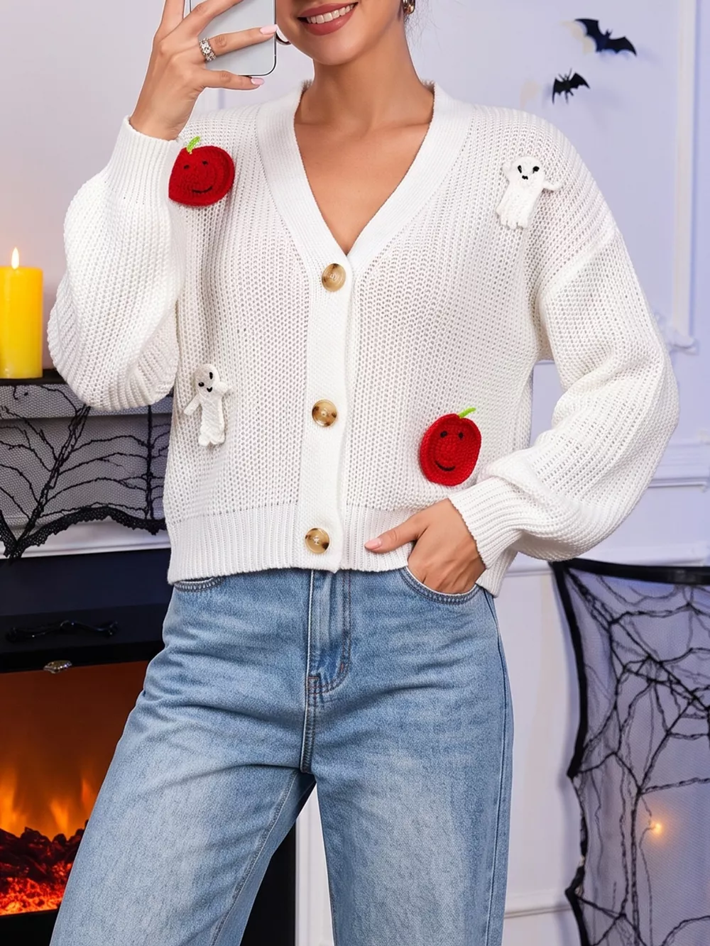 Halloween Pumpkin and Ghost Applique Knit Cardigan, image 8