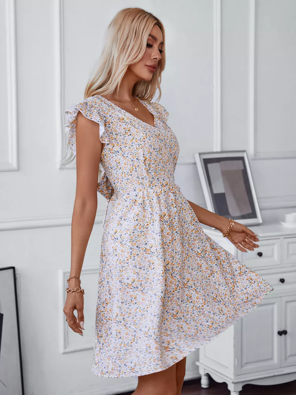 Floral Print Lace Trim Tie Back Mini Dress, image 5