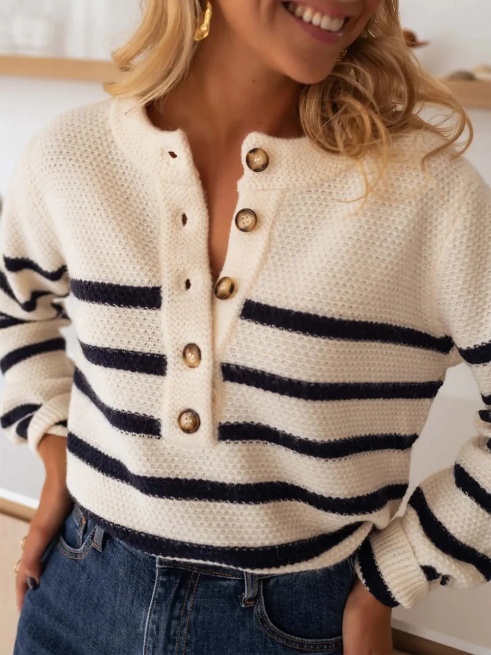 Striped Button-Front Sweater, image 5