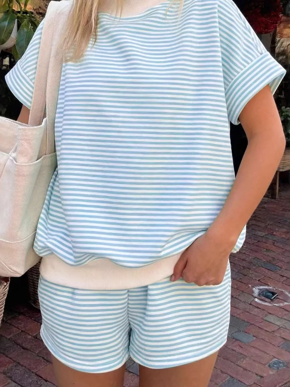 Full Size Striped Round Neck Tee and Shorts Set Plus Size, image 5