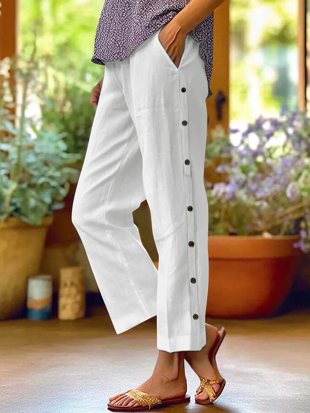 Full Size Side Decor Button Casual Wide Leg Pants Plus Size, image 14