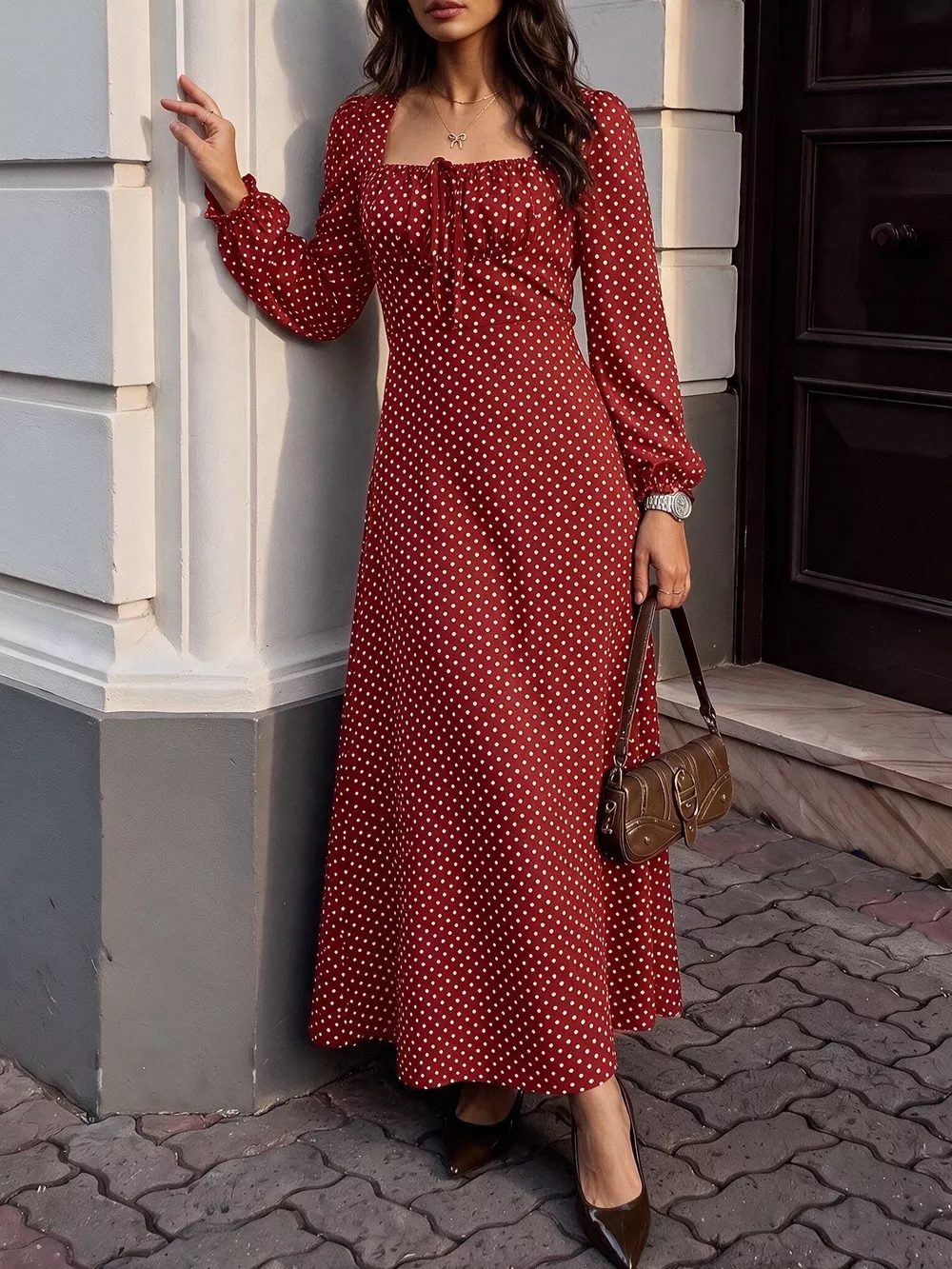 Square Neck Polka Dot Long Sleeve Maxi Dress, image 3