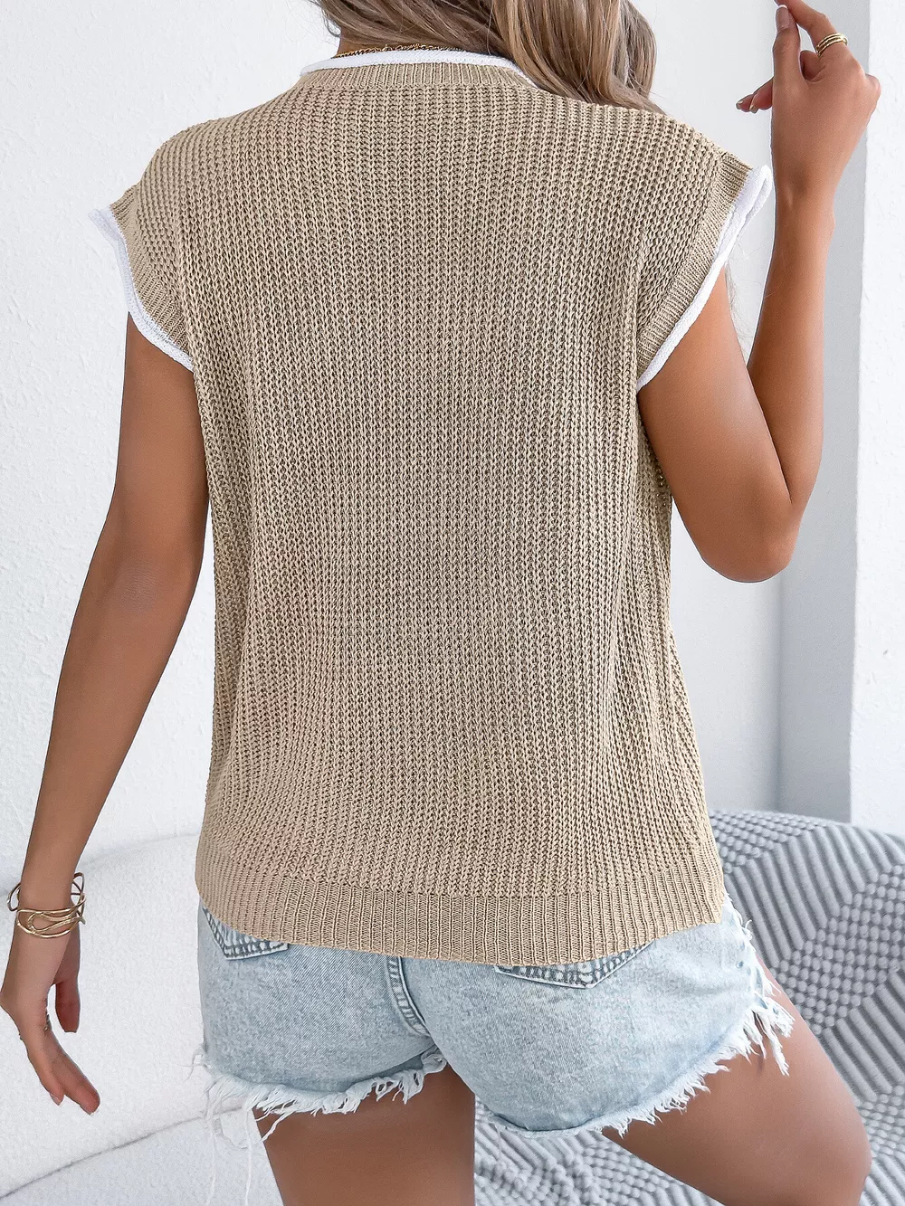 Contrast Trim Round Neck Cap Sleeve Sweater, image 10