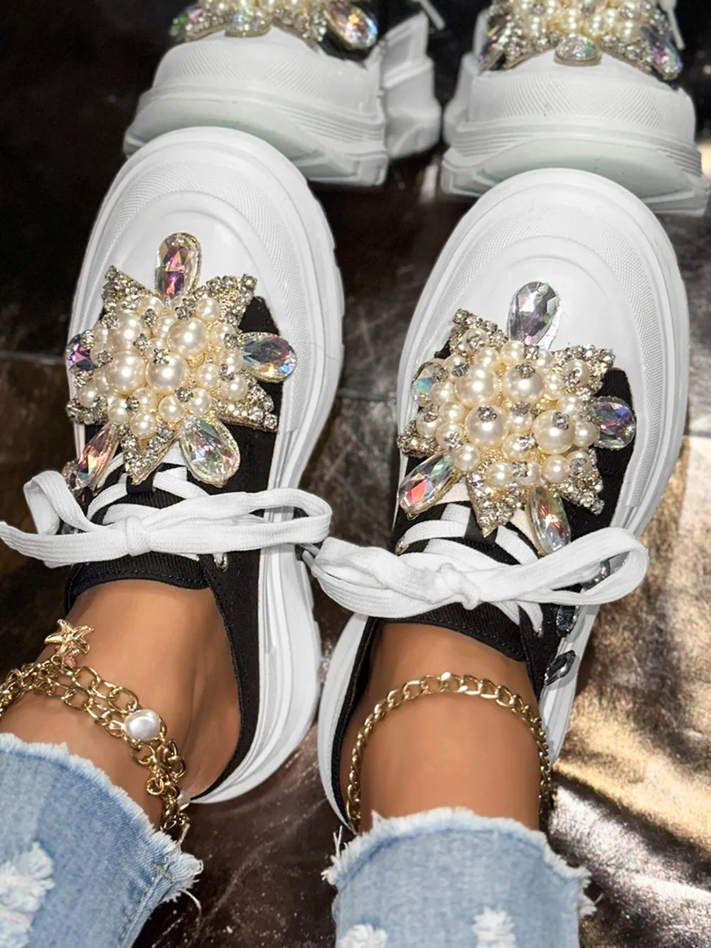 Pearl Embellished Platform Slip-Ons, image 2