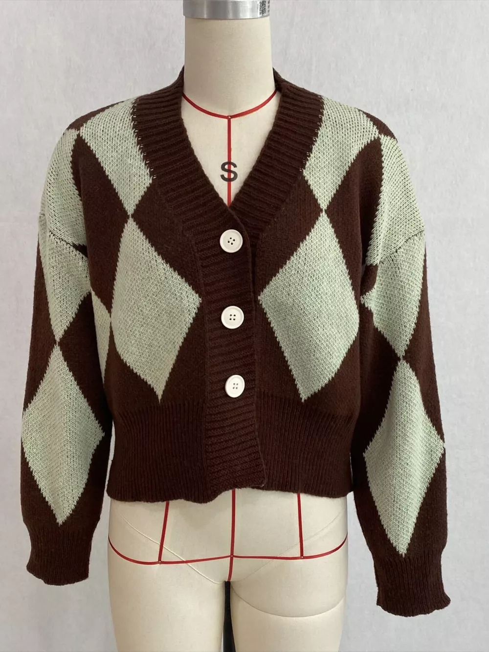 Argyle Pattern V-Neck Button-Down Cardigan, image 13