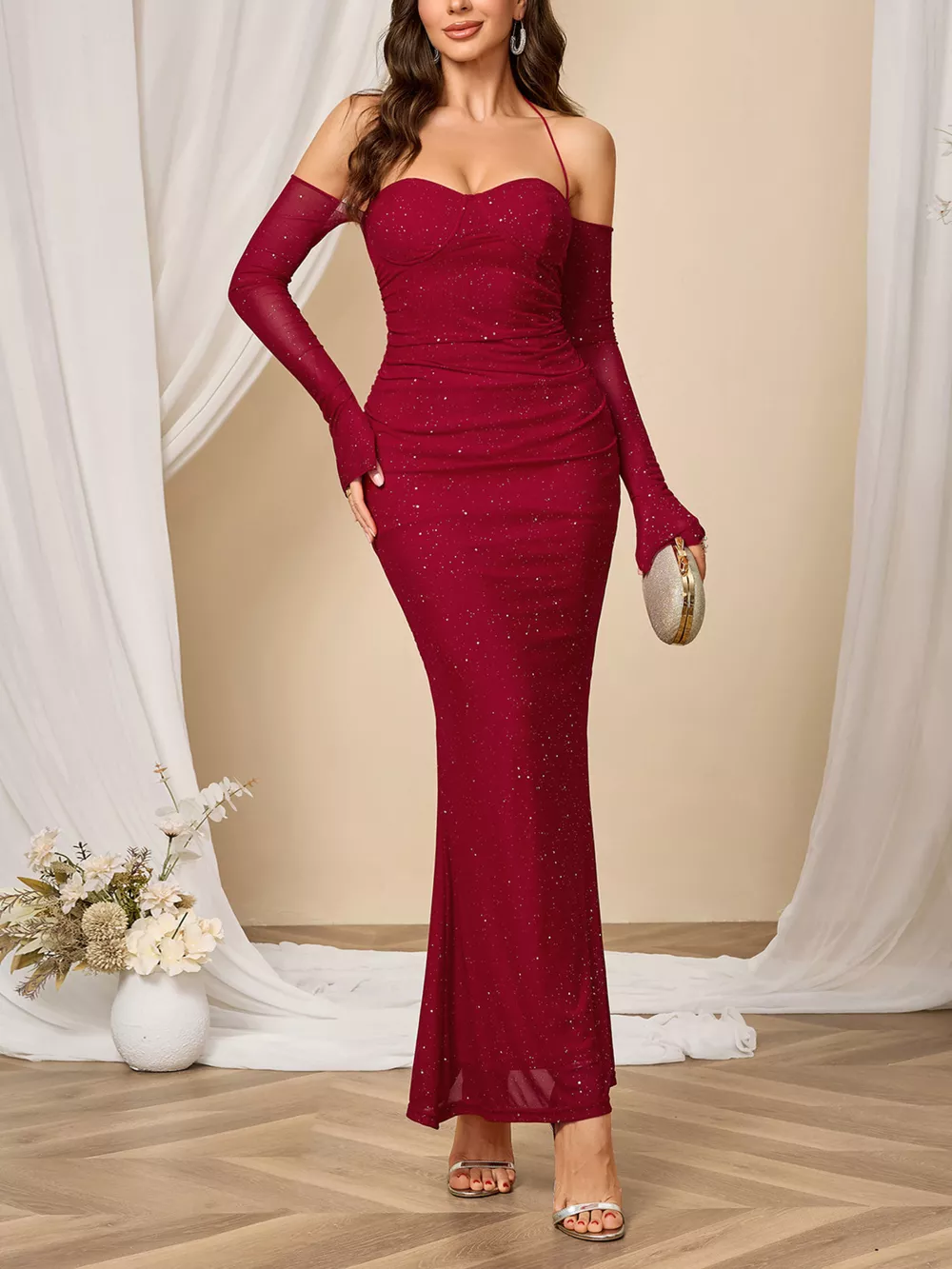 Glitter Sweetheart Neck Long Sleeve Maxi Dress, image 2
