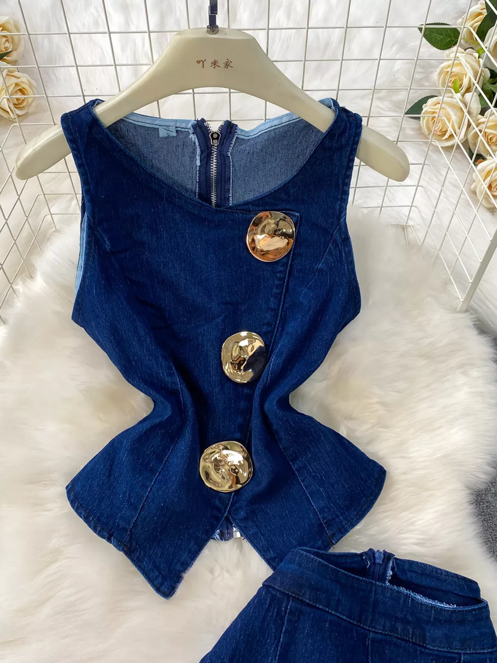 Button Detail Vest and Flare Jeans Denim Set, image 3