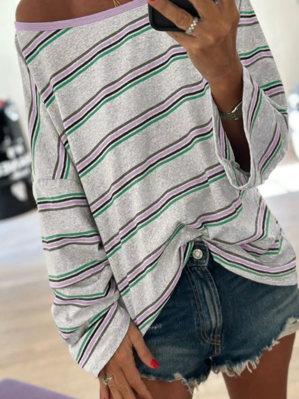 Stripe Oversize Drop Shoulder Long Sleeve Casual Top