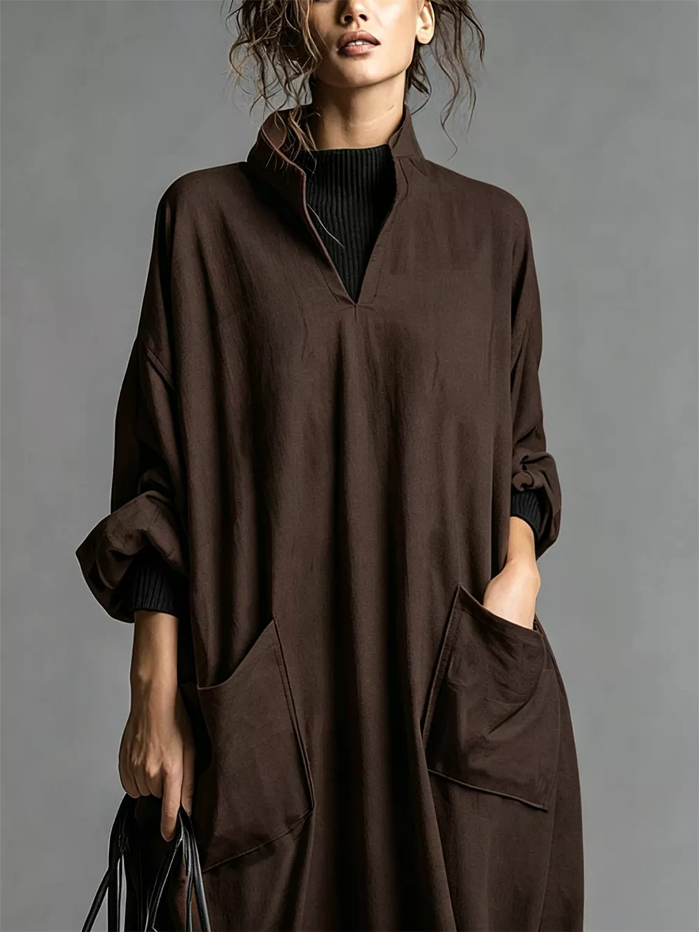 Full Size Loose-Fit Mock Neck Midi Dress with Pockets Plus Size, image 3
