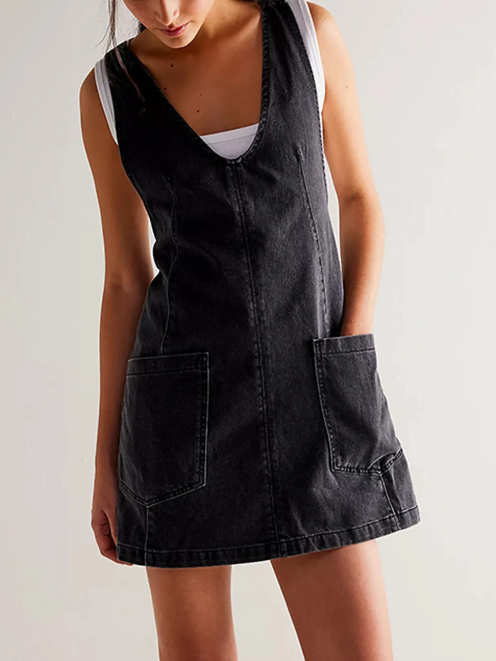Oversized V-Neck Denim Tank Dress with Front Pockets, image 16