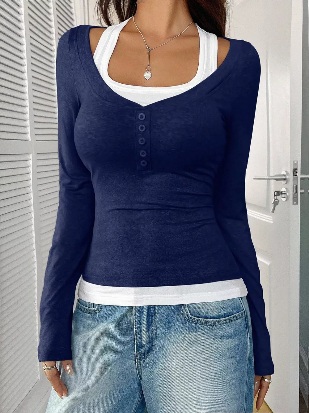 Scoop Neck Long Sleeve Fake Two-Piece T-Shirt, image 21