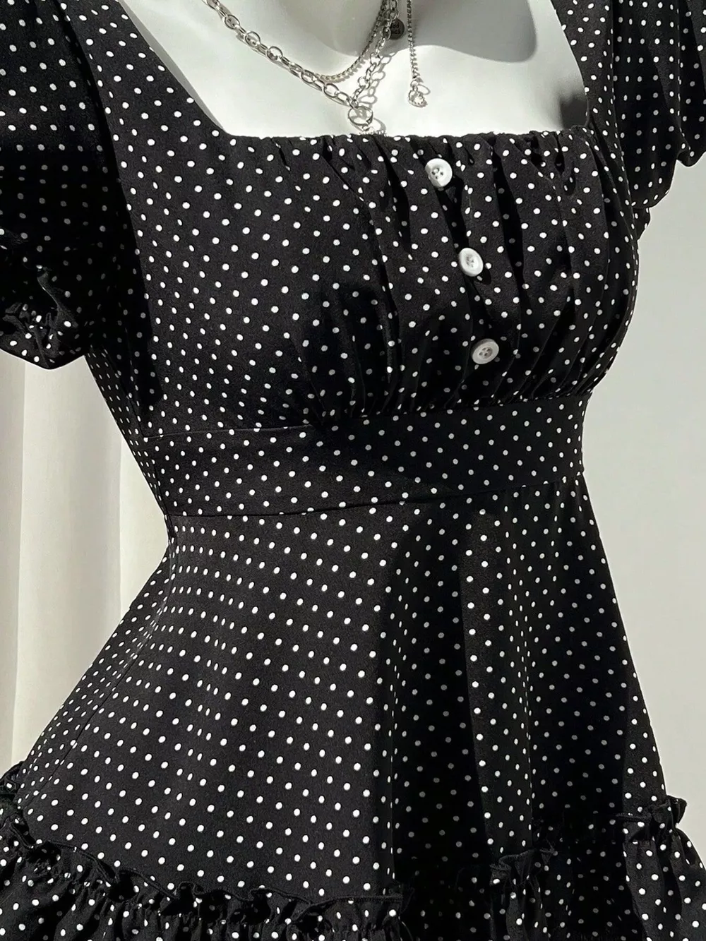 Polka Dot Square Neck Puff Sleeve Peplum Blouse, image 3