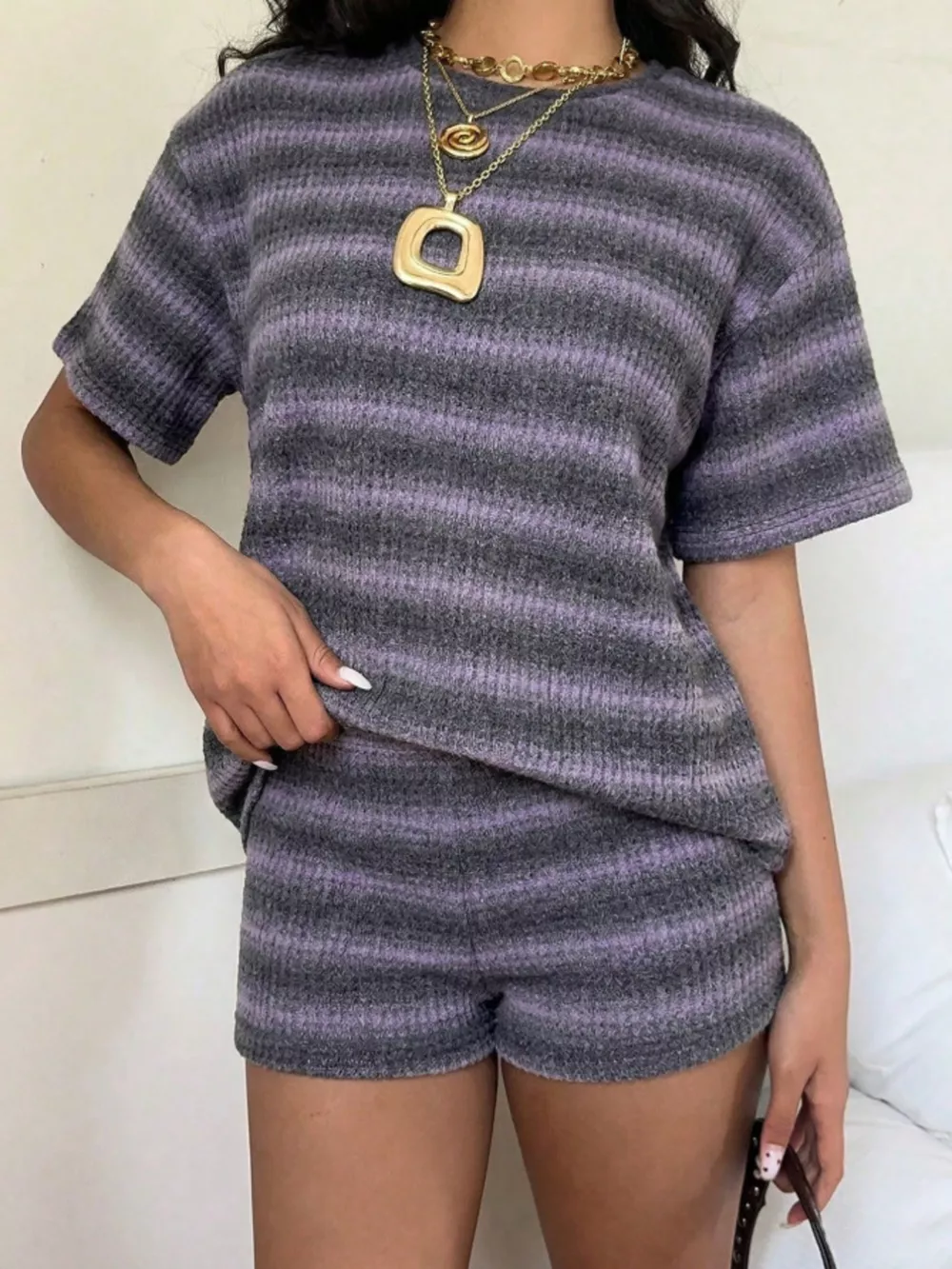 Striped Textured Knit Top and Shorts Set, image 23