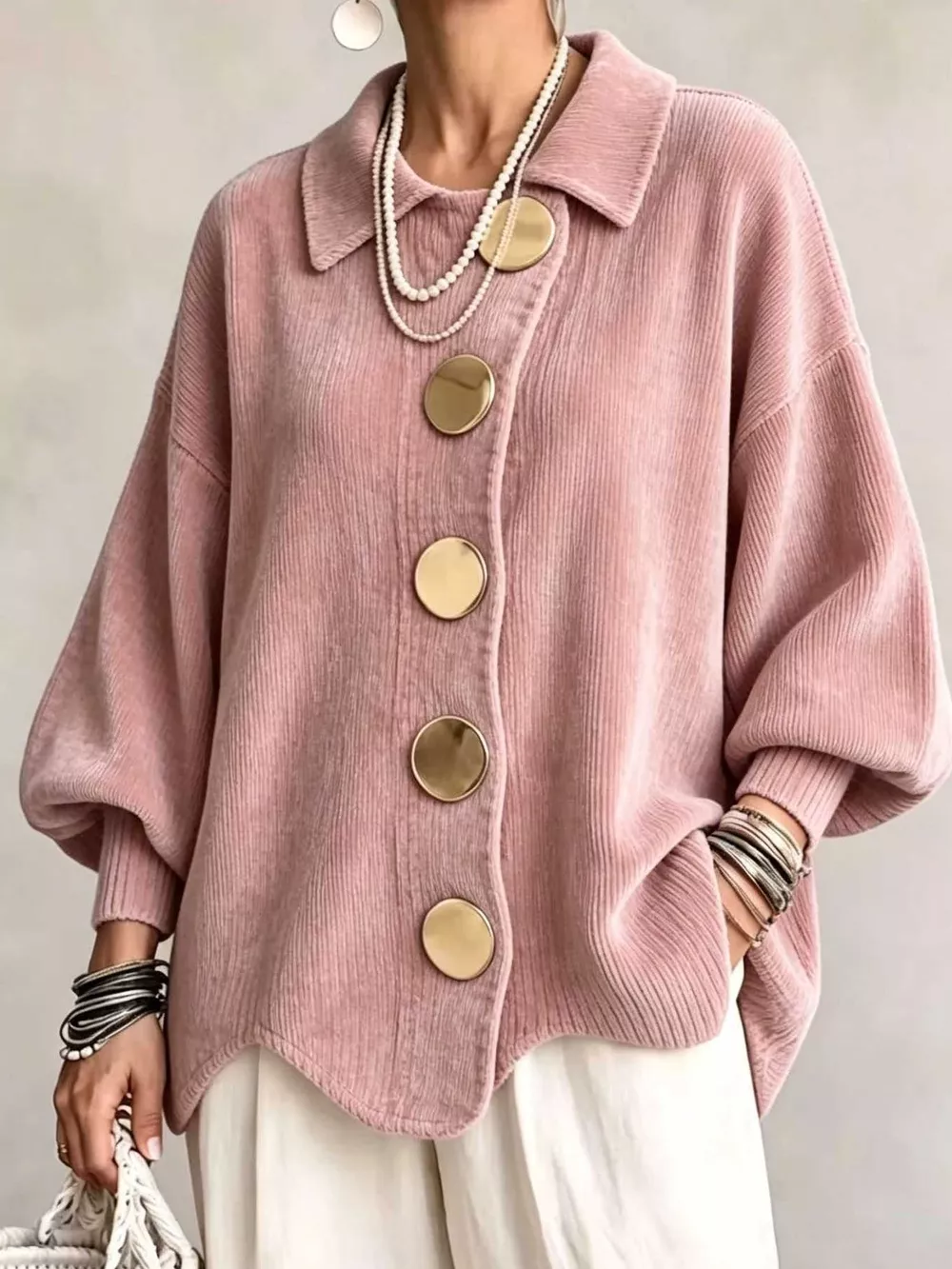 Full Size Ribbed Knit Gold Buttons Cardigan Plus Size, image 31