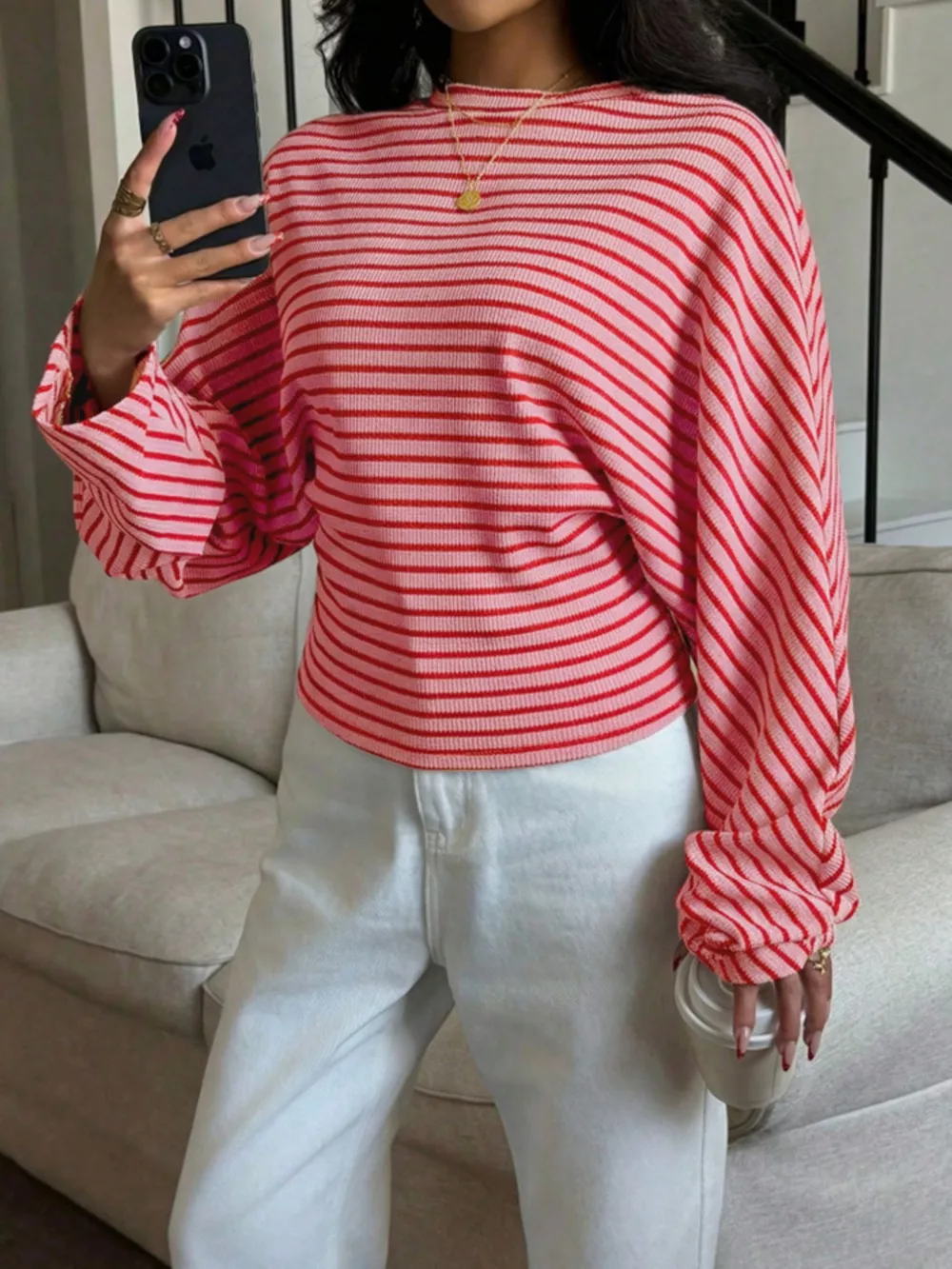 Casual Striped Long Sleeve Batwing T-Shirt, image 3