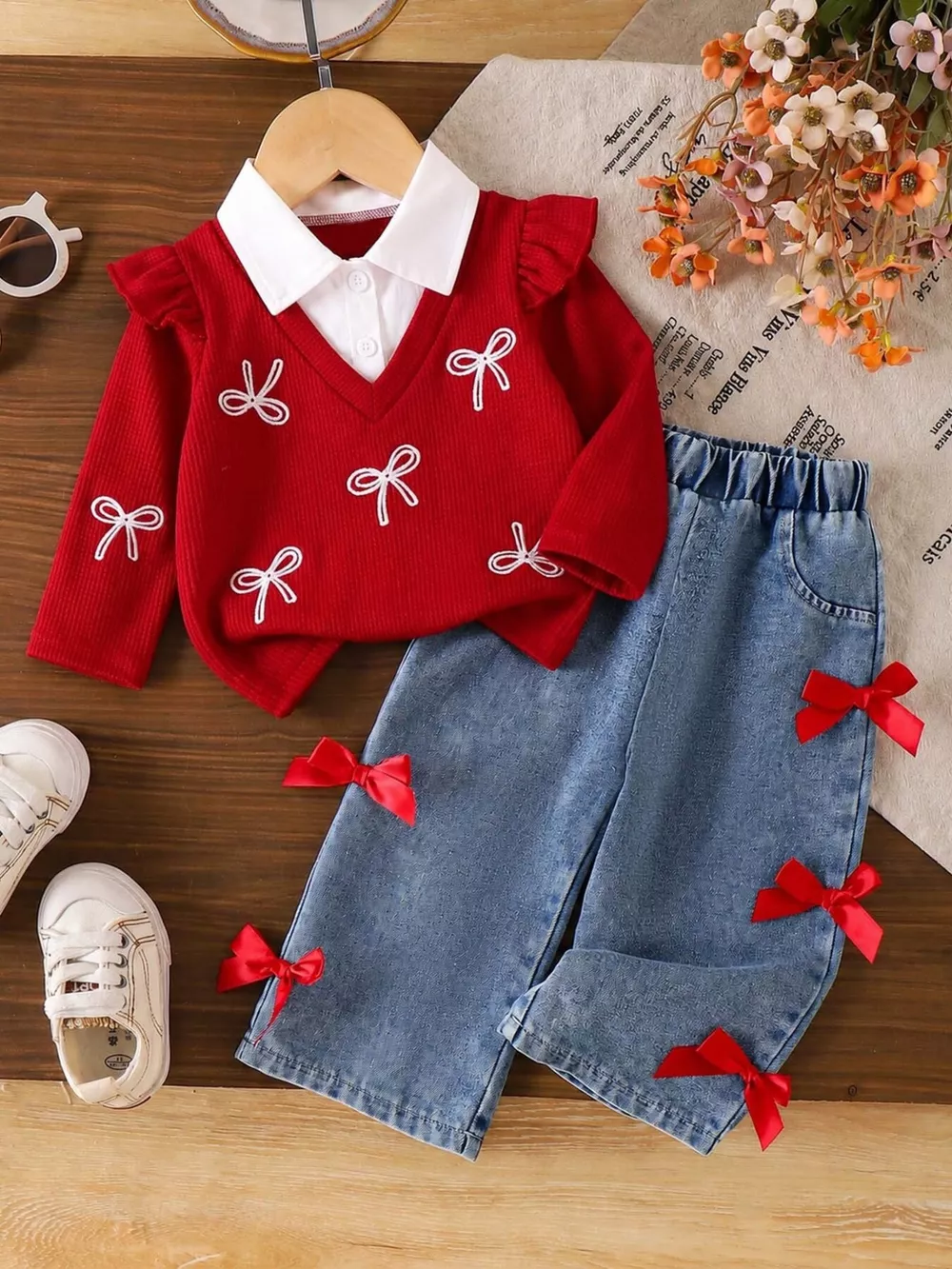 Children's Festive Bow-Embellished Knit Sweater and Jeans Set, image 2