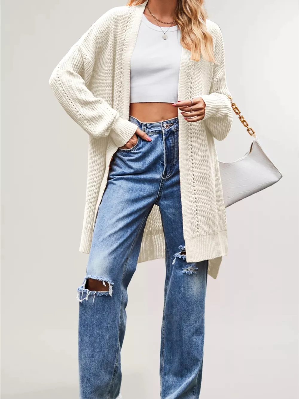 Open Front Openwork Knit Longline Cardigan, image 2