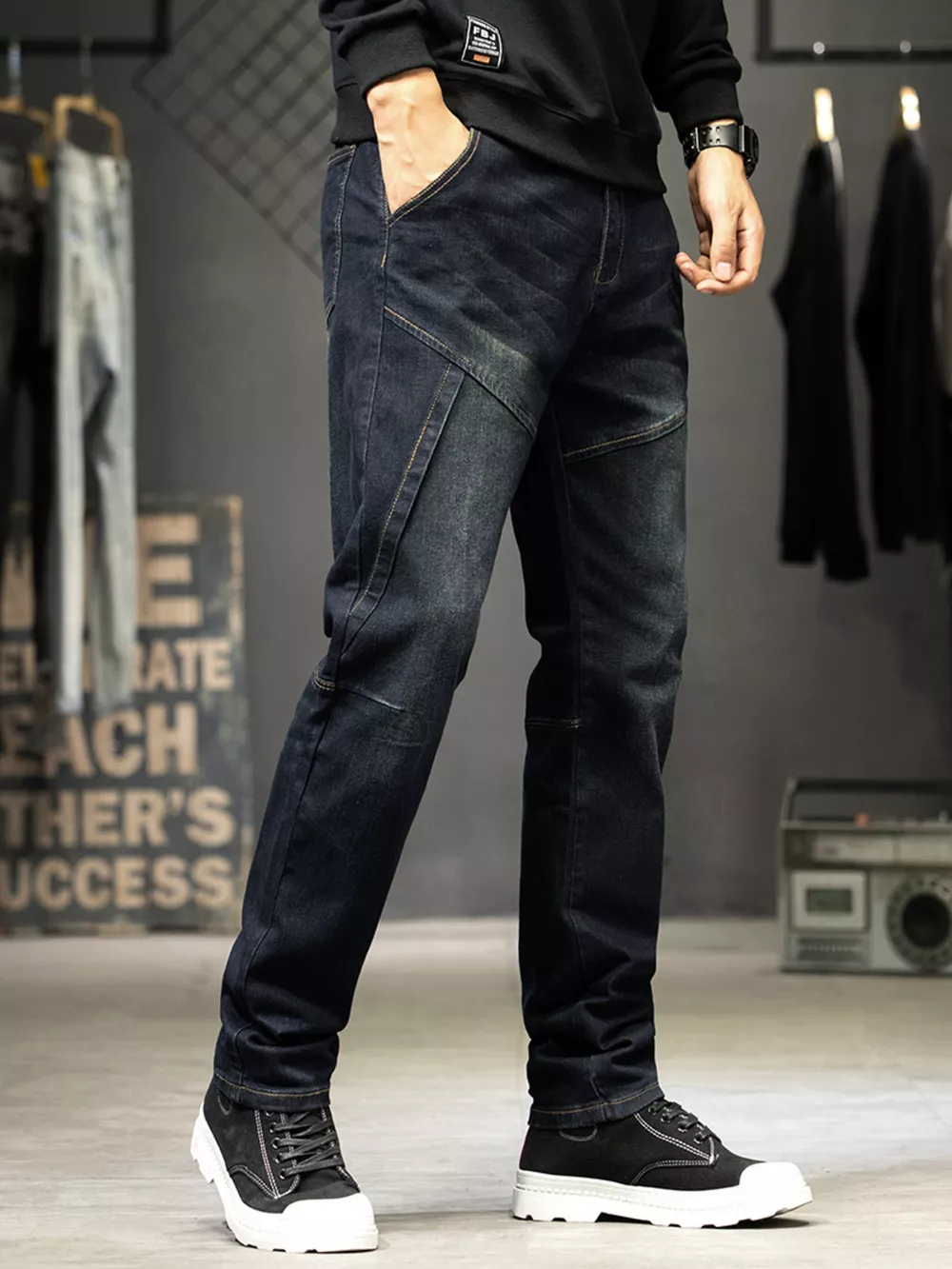 Men's Slim-Fit Paneled Washed Jeans, image 2