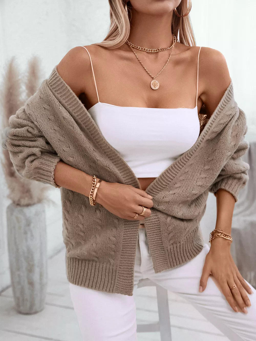 Cable Knit Open Front Hooded Cardigan, image 8