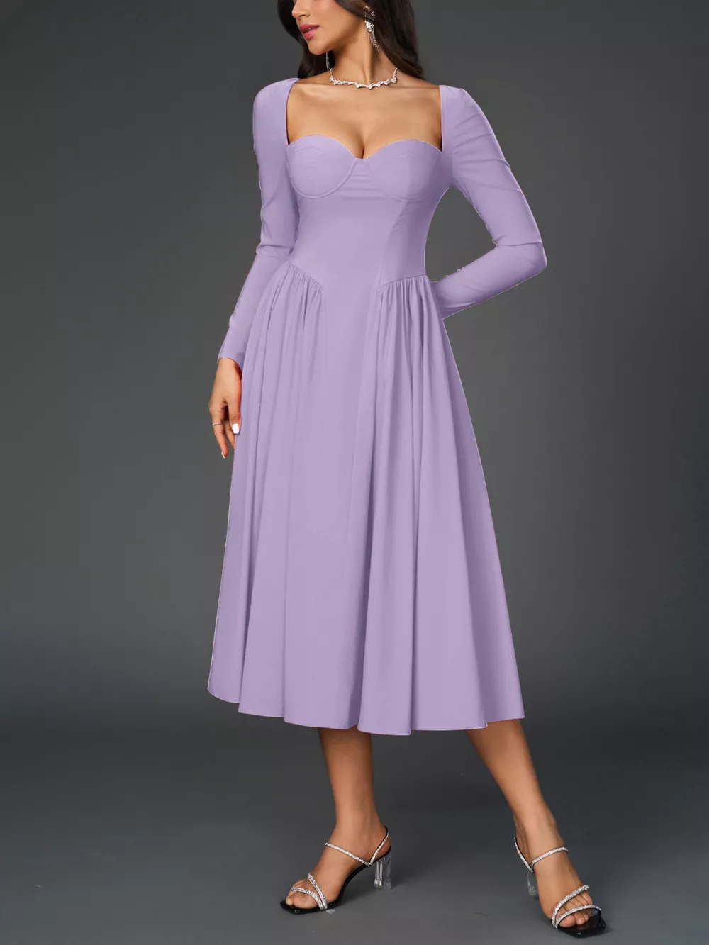 Sweetheart Neckline Long Sleeve A-Line Midi Dress, image 22