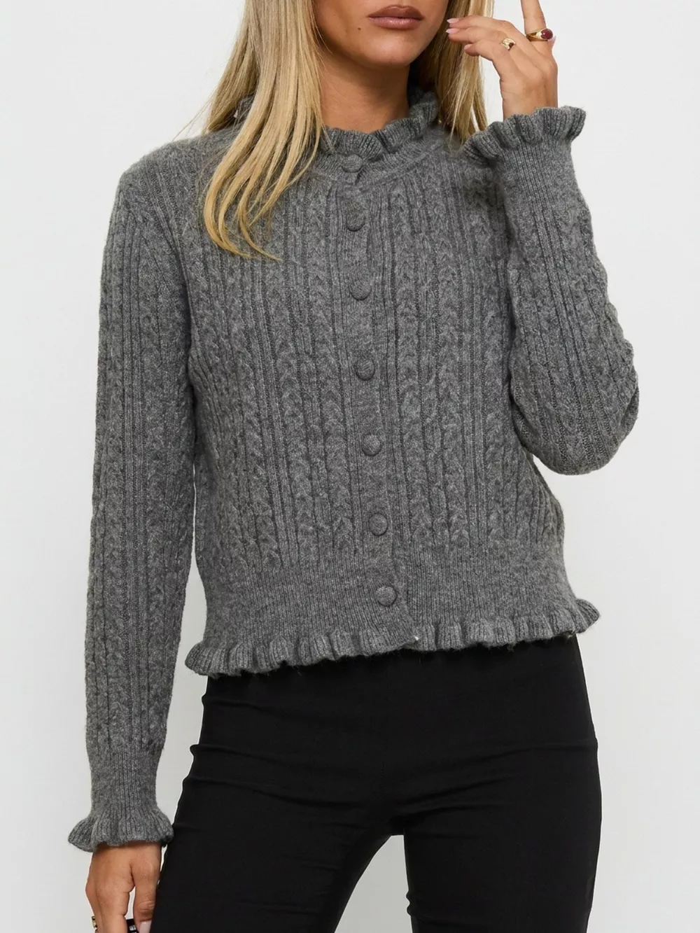 Cable-Knit Ruffle-Trim Cardigan, image 8