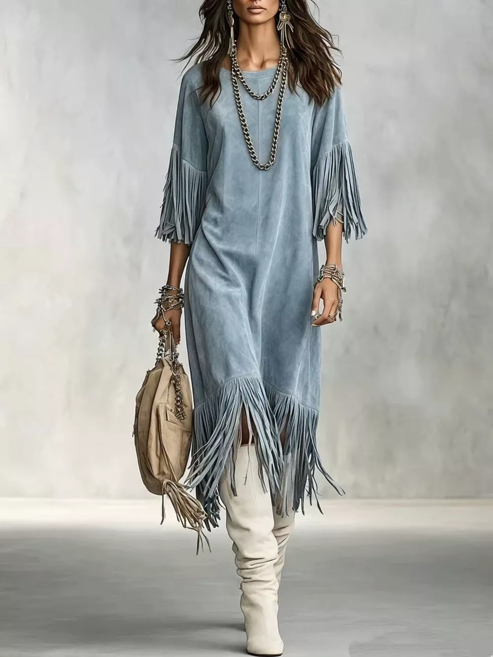 Fringed Round Neck Midi Dress