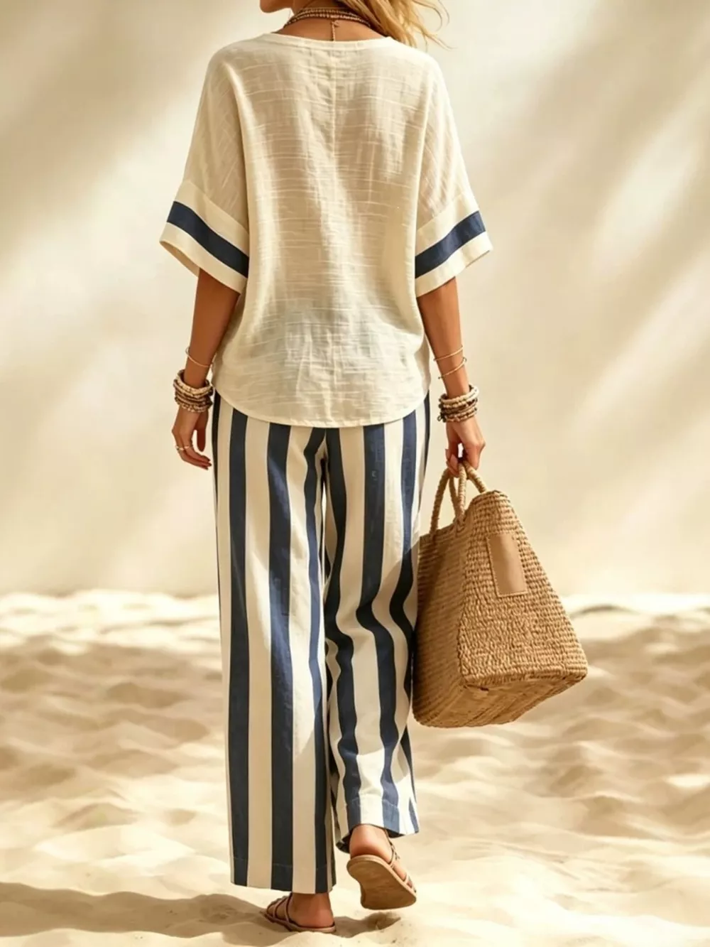 Full Size Striped Half Sleeve Top and Pants Set Plus Size, image 3