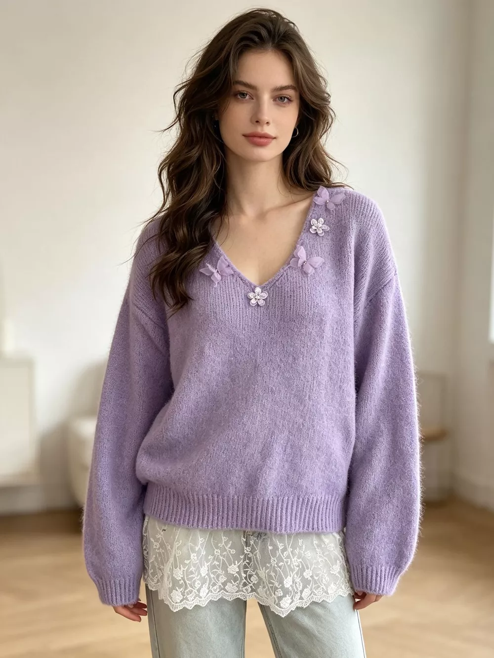V-Neck Floral Applique Lace Hem Sweater, image 17