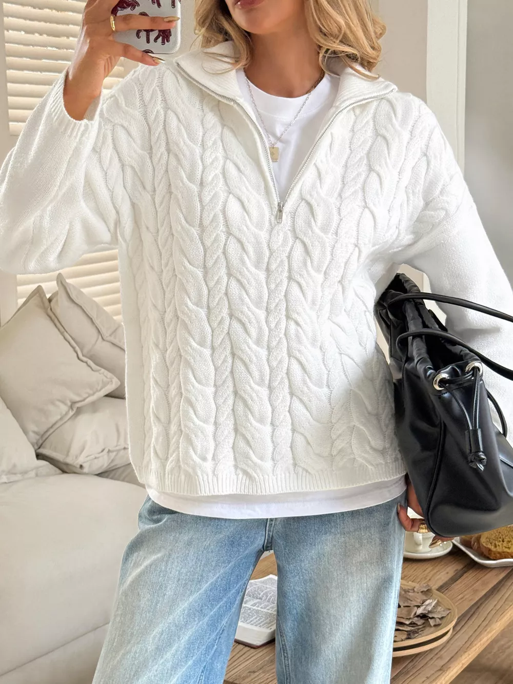 Zip Collar Cable-Knit Sweater, image 2